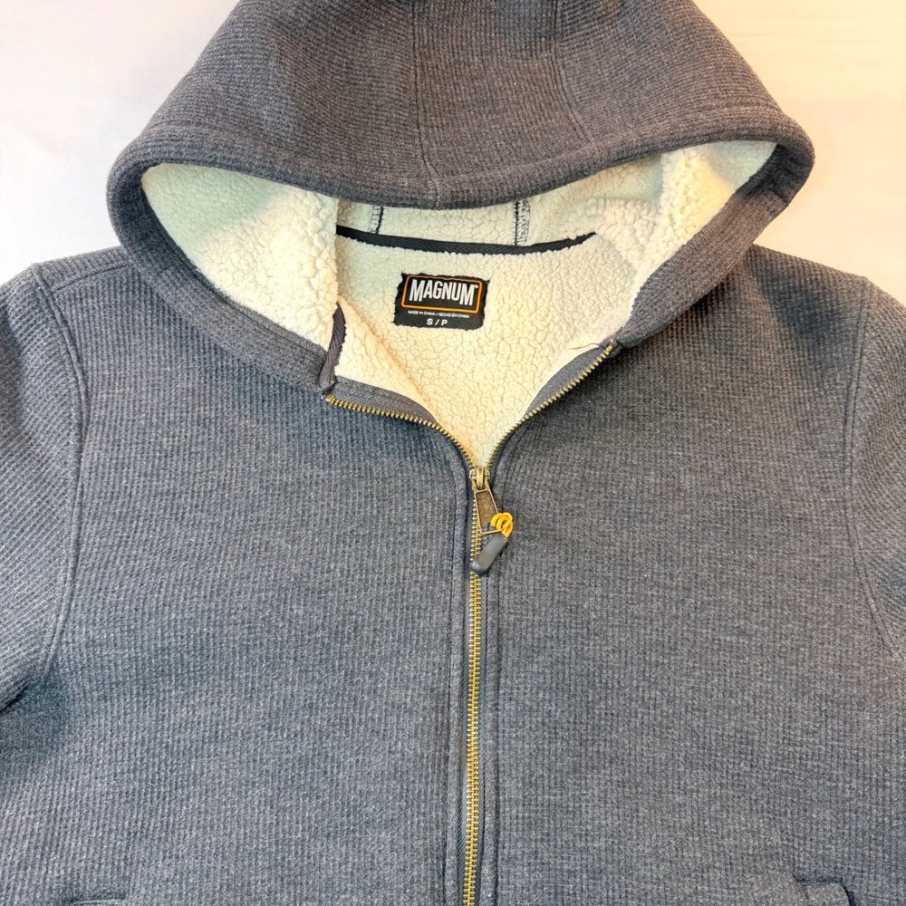 Magnum Sherpa Lined Thermal Hoodie Mens Small Gray Full Zip Jacket Waffle